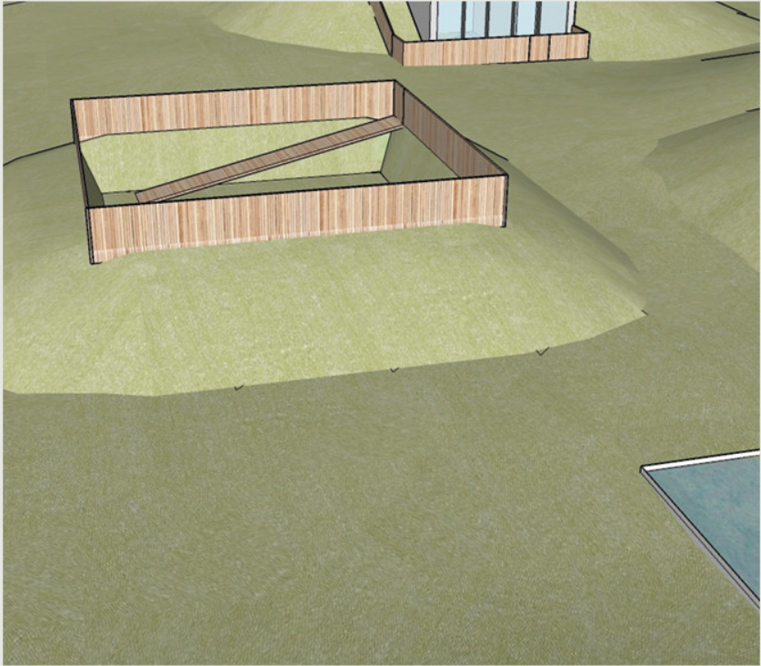 Detail view of timber-clad stepped terrace rising from graded landscape surface