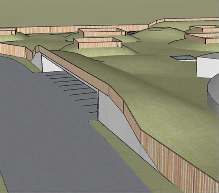 Axonometric view of curving timber-clad retaining wall with scattered landscape elements beyond