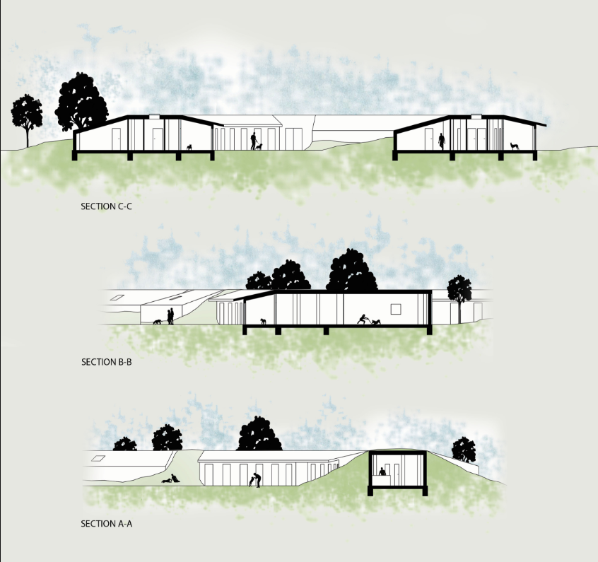 Section drawings illustrating interior spaces beneath curving roof with figures and flanking trees