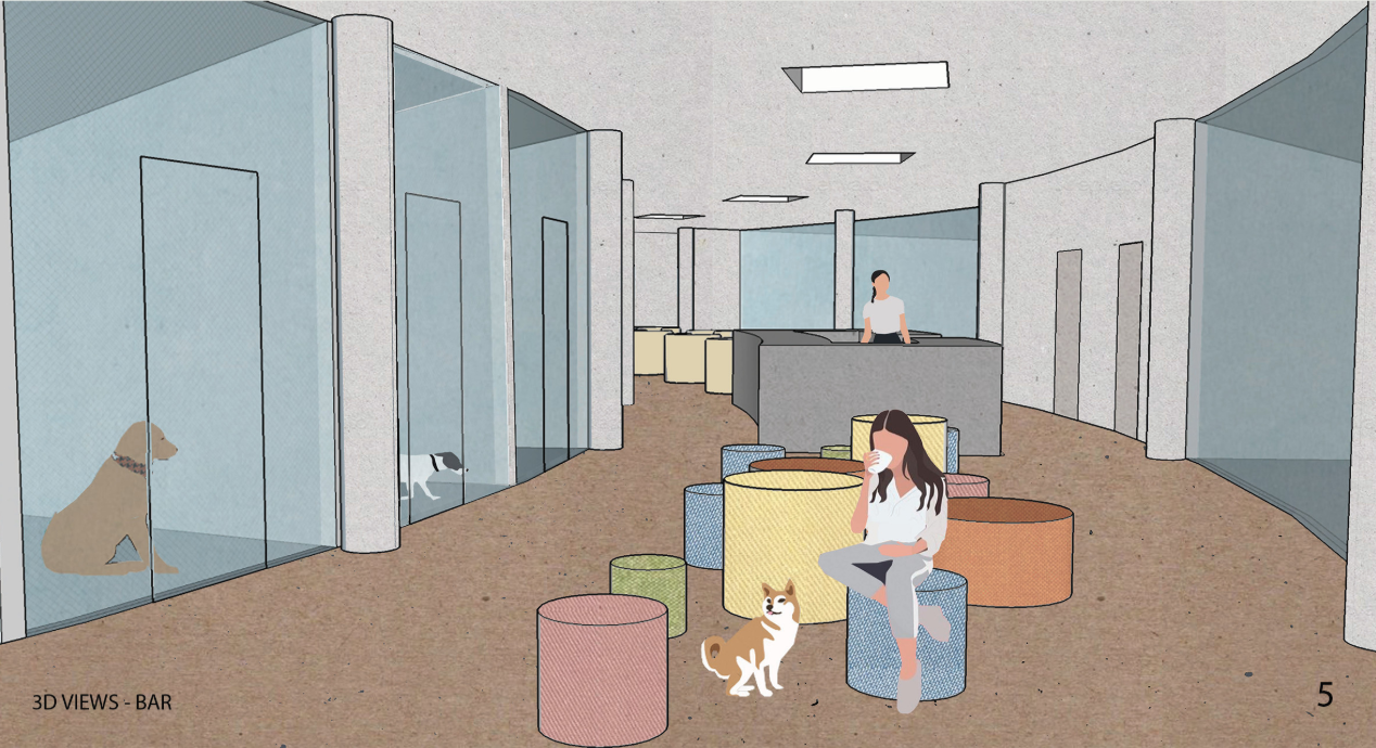 Perspective rendering of interior bar area with curved seating pods and a dog beside a seated figure