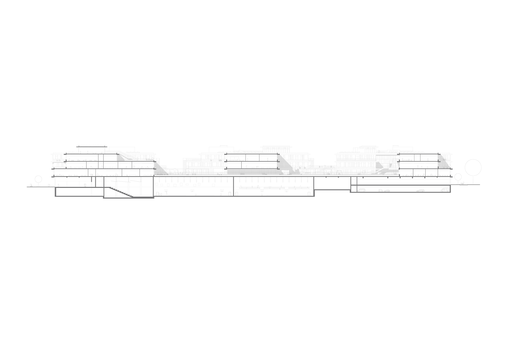 Elevation drawing showing three offset stepped volumes with continuous horizontal floor plates
