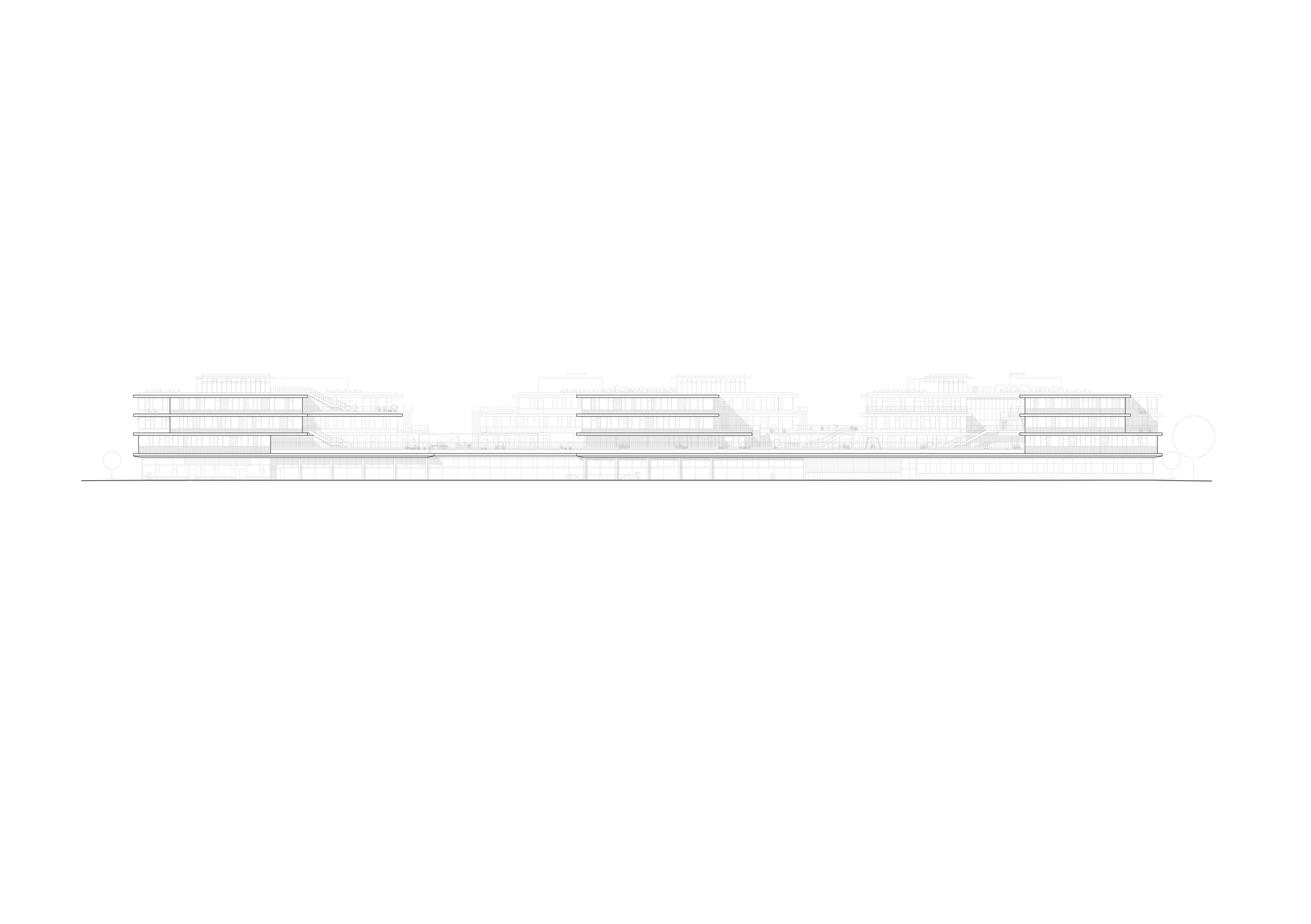 Elevation drawing depicting the horizontal massing with stepped volumes and fenestration rhythm