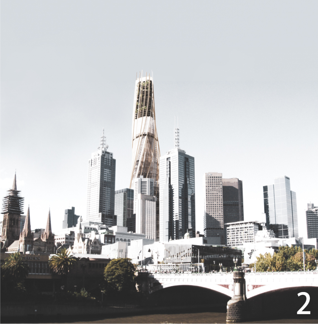 The tapered medical tower integrates into Melbourne’s skyline while remaining connected to the city center.