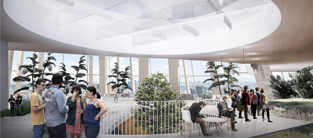 A landscaped rehabilitation level creates a bright, social environment for recovery and wellbeing.