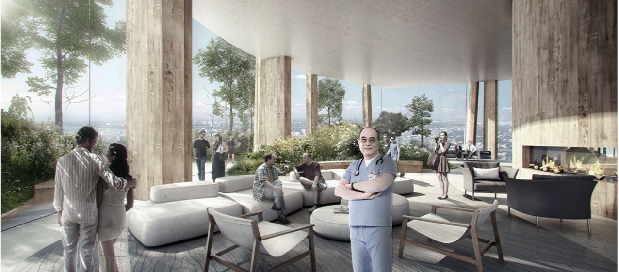 Warm materials, greenery, and panoramic views shape a calming lounge for patients and medical staff.