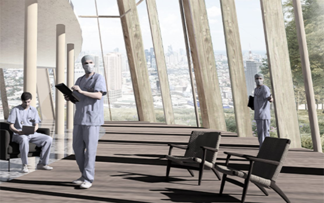 Glazed rehabilitation spaces provide natural light, city views, and restorative areas for healthcare workers.