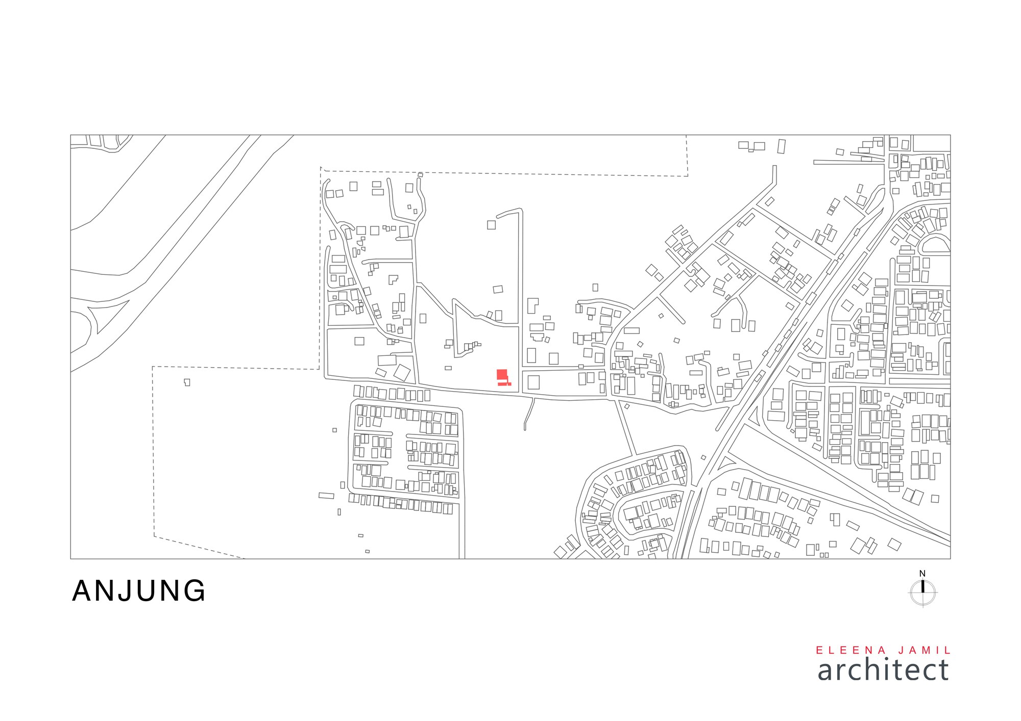 Site plan drawing showing building footprint highlighted in red within surrounding street network