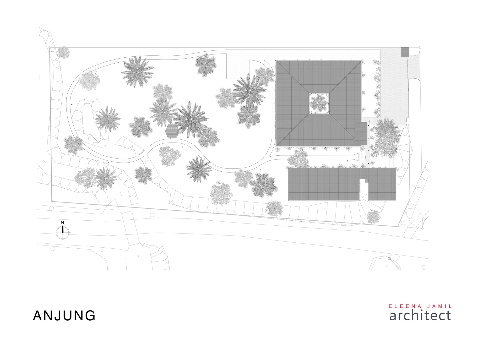 Site plan drawing showing two roofed volumes with landscaped pathways and tree locations