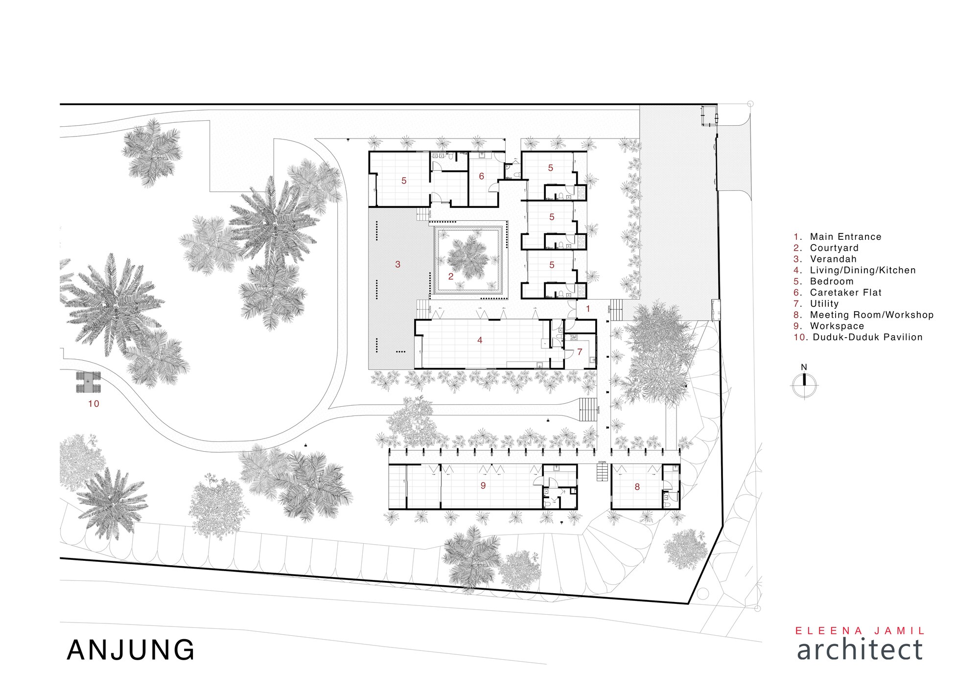 Site plan drawing showing multiple building volumes arranged around a central courtyard with palm trees scattered throughout