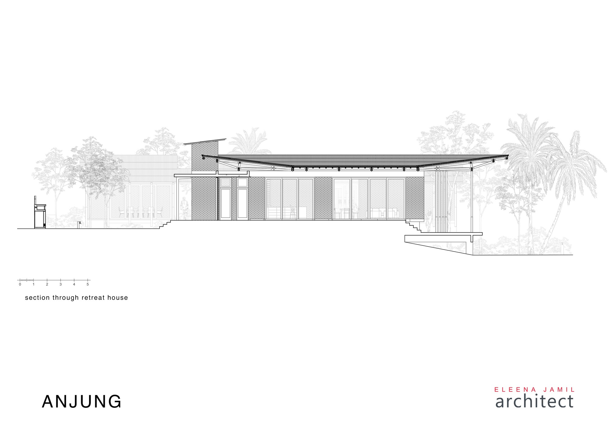 Section drawing through a low-slung pavilion with a curved roof and exposed structural frame