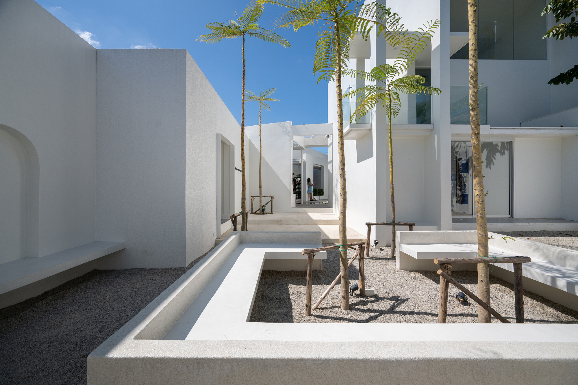 Raised white planting beds with young palm trees in a gravel-paved courtyard