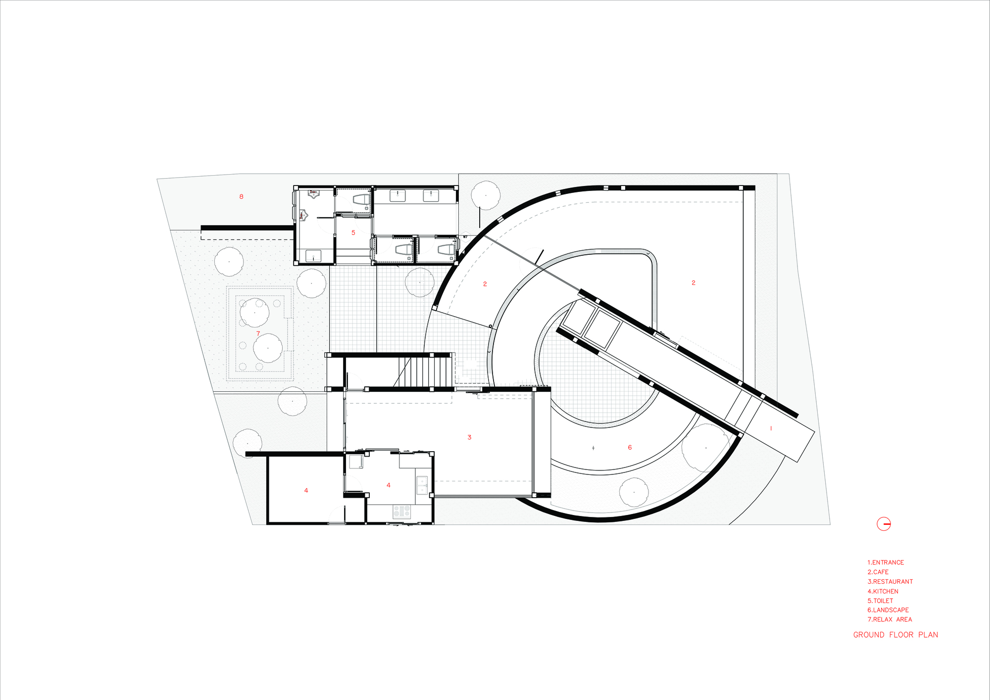 Ground floor plan drawing showing a curved volume wrapping a circular void and angled wing