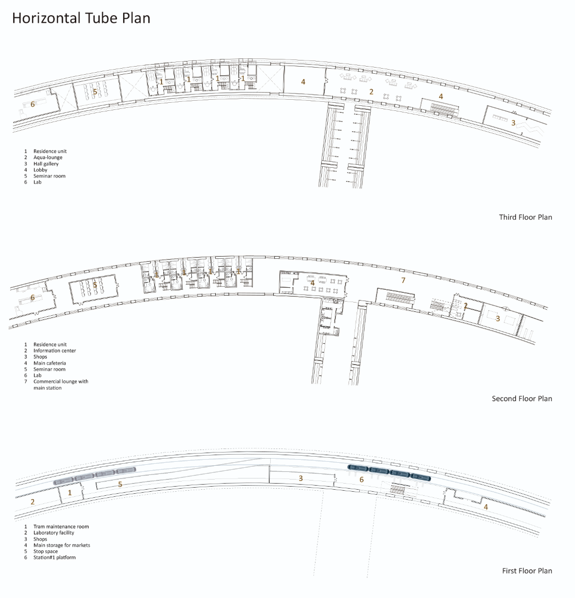 Floor plan drawing showing three curving tube-shaped levels with residential units and shared program spaces
