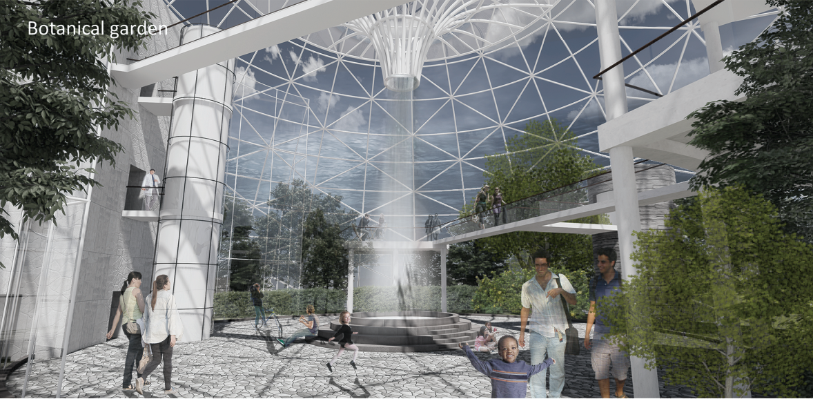 Interior rendering of a glazed botanical garden with white structural framework and visitors among planted beds