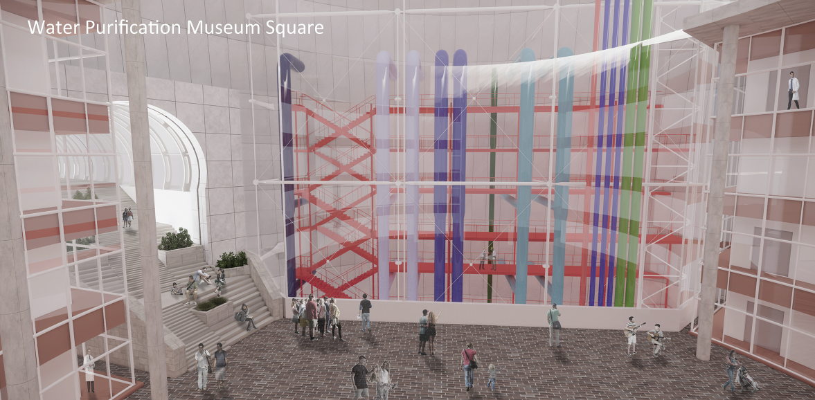 Rendering of a public square with colored mechanical installations suspended behind a translucent grid facade