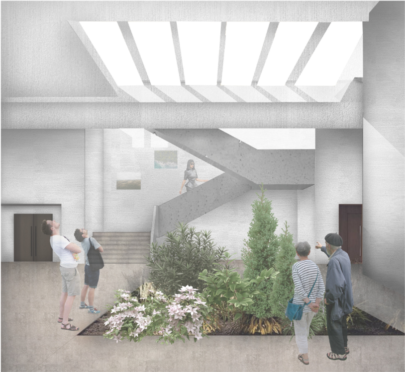 A planted atrium introduces nature into the tower’s exhibition journey.