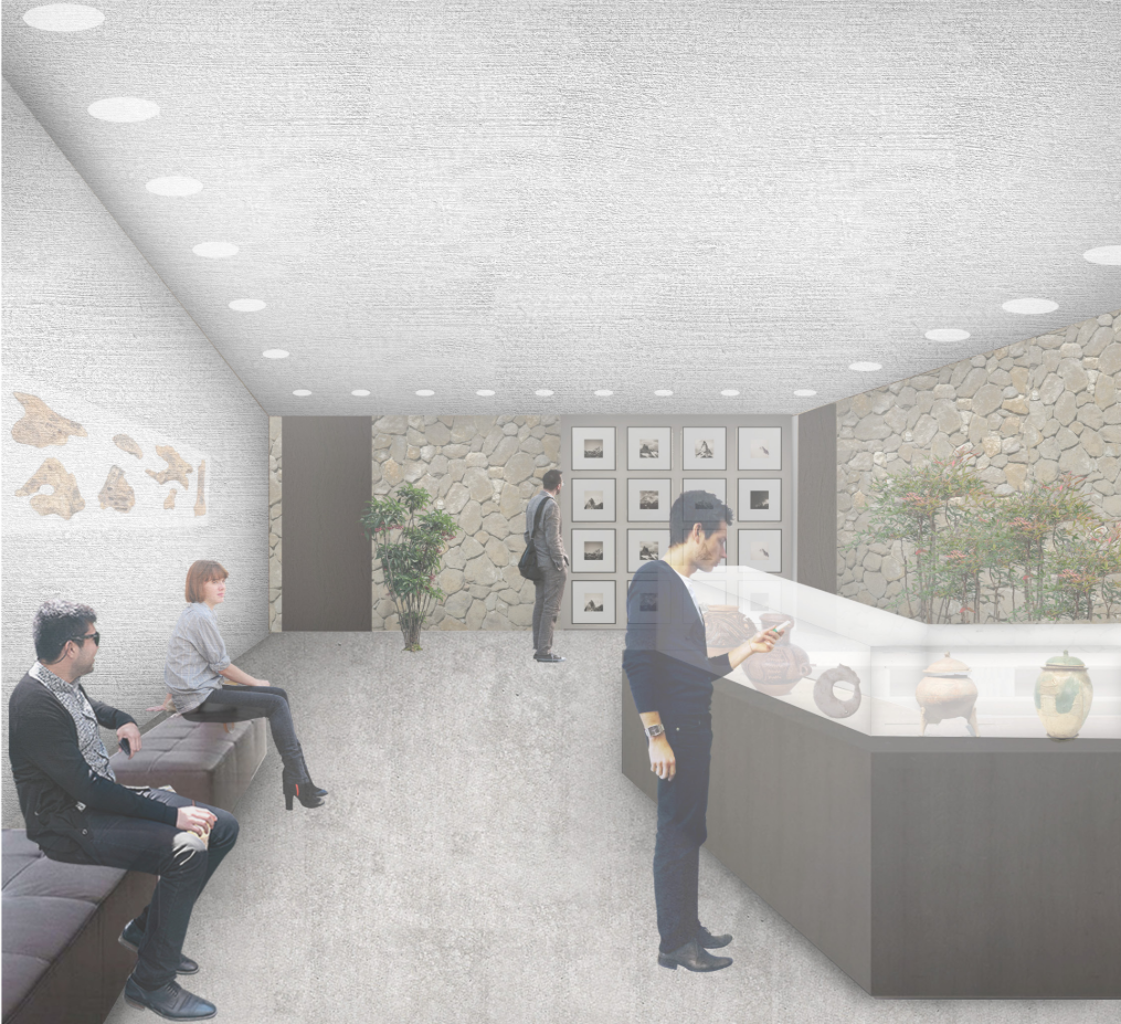 Artefact displays create an intimate gallery for cultural and historical memory.