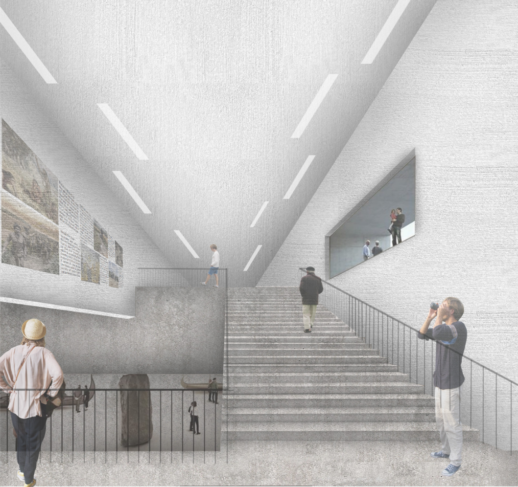 Monumental stairs guide visitors through layered exhibitions of human civilization.