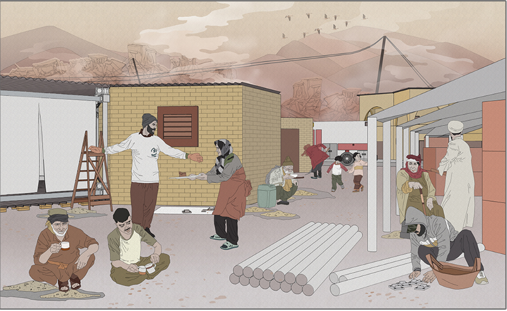 Community members rebuild transitional housing after the earthquake.