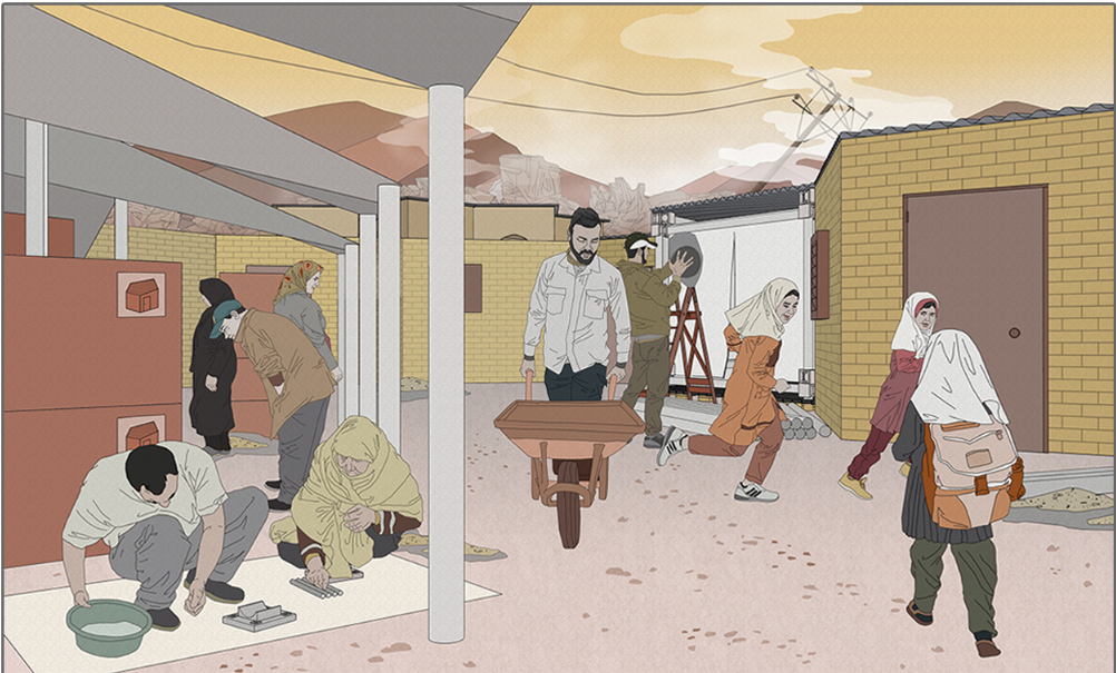 Residents participate in self-built reconstruction using local skills and materials.