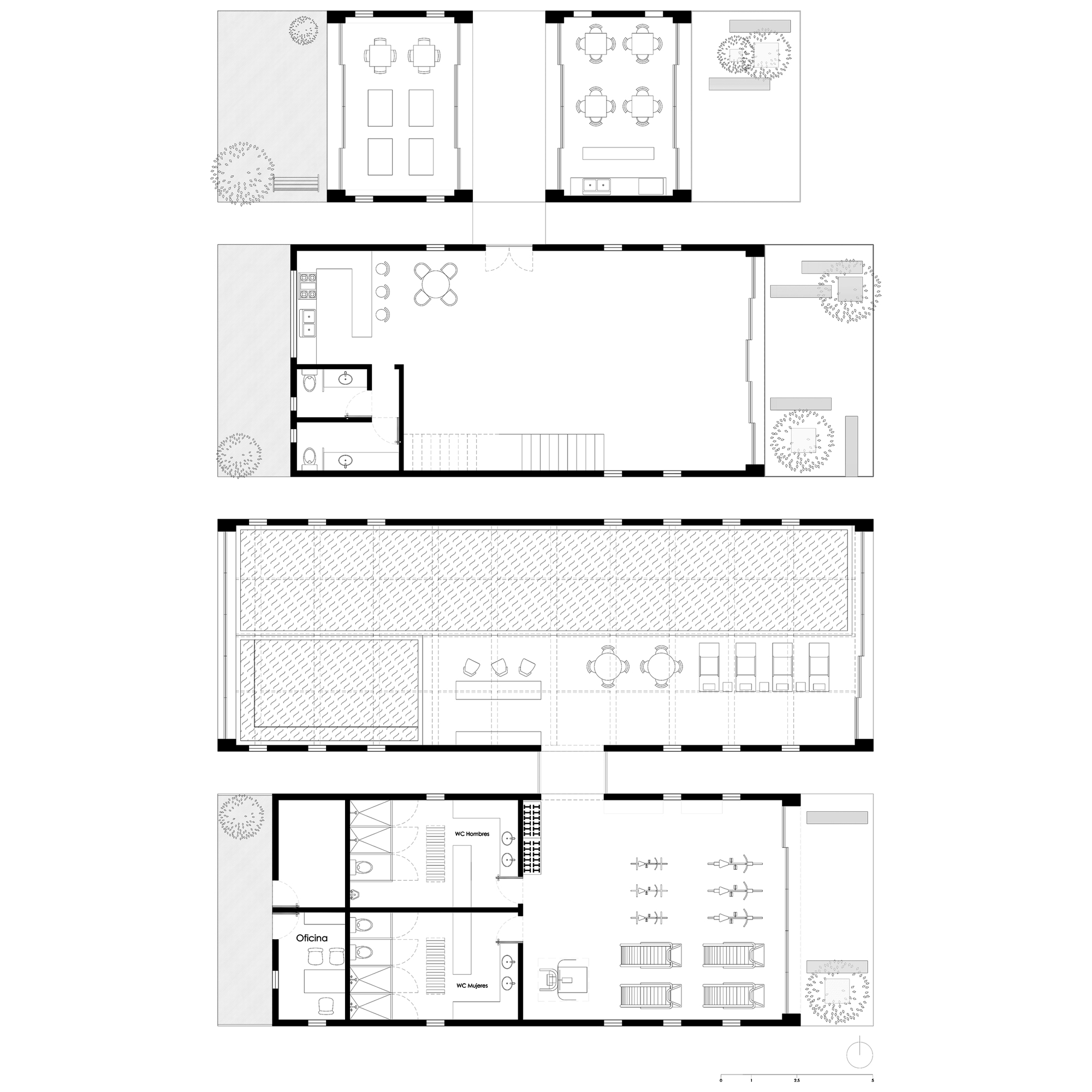 Stacked floor plan drawings of four narrow rectangular volumes showing restrooms, an office, gym equipment, a kitchen counter, dining tables and a staircase