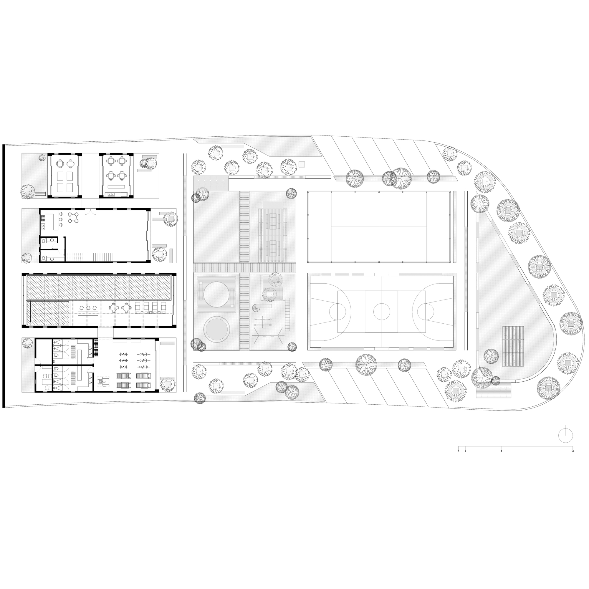 Site plan drawing showing four narrow buildings beside a basketball court, a second court, a plaza, tree-lined parking and a curved perimeter path