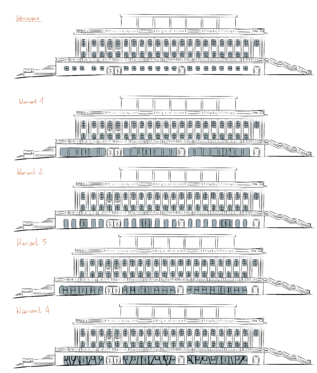 Fig. 6. Existing Elevation Sketch and Glazing Variants (source: own elaboration)