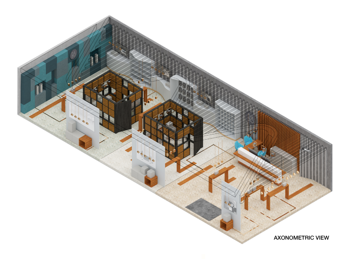 Axonometric view of B&O Store showing the compact showroom layout, product zones, lighting, and material palette.