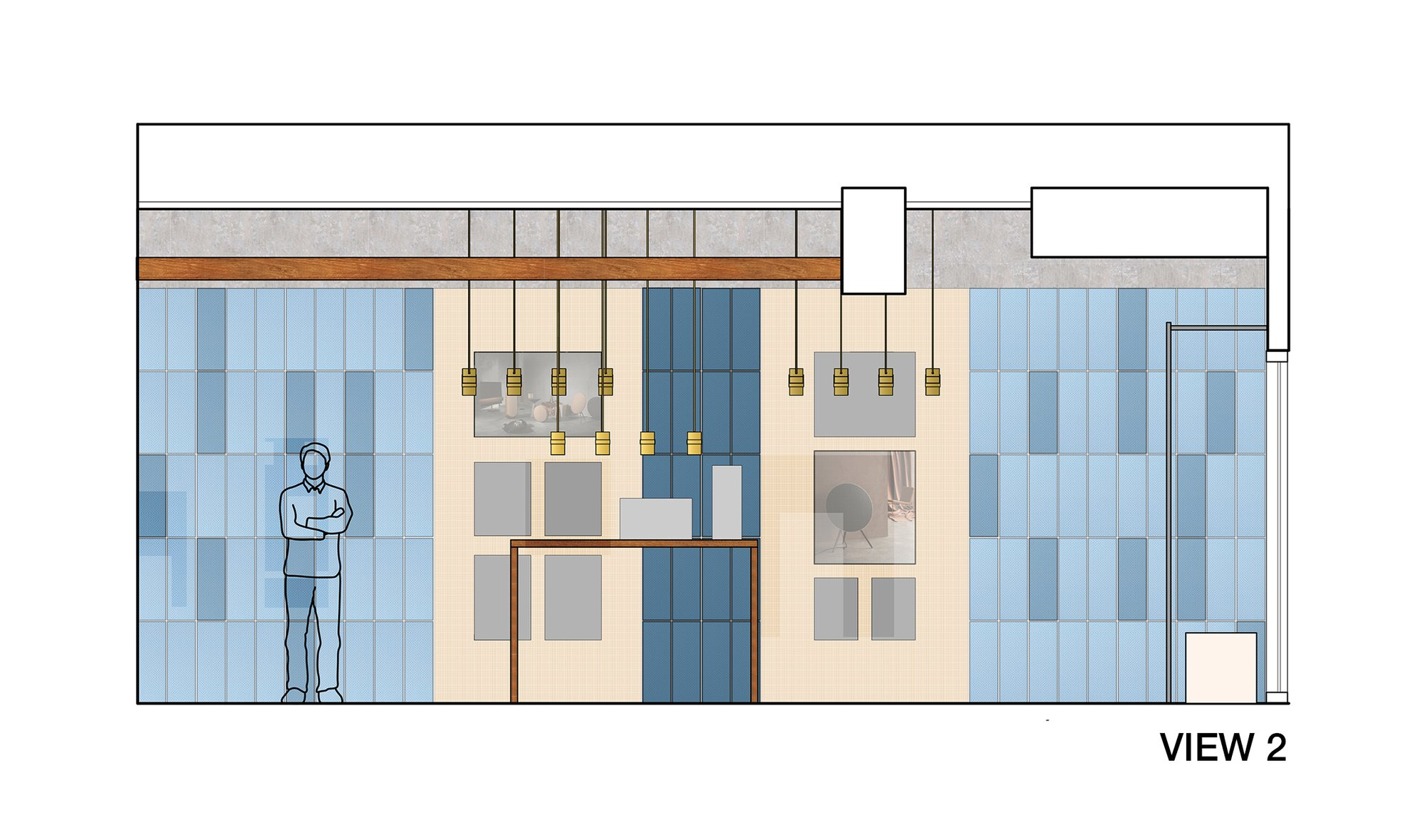 Interior elevation highlighting blue display panels, pendant lighting, and curated product presentation areas.