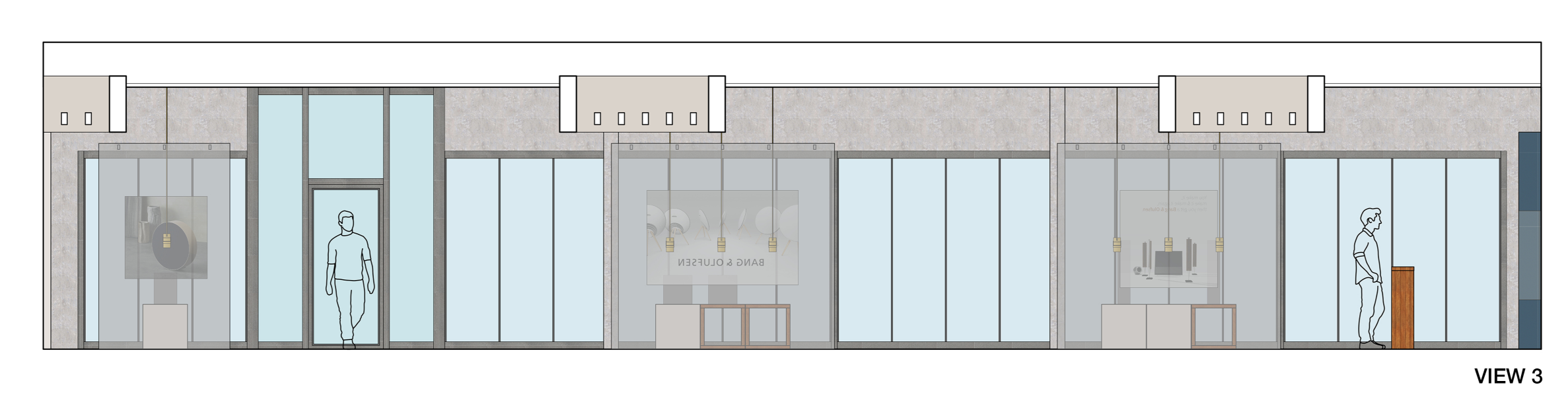 Storefront elevation showing transparent display windows, product showcases, pendant lighting, and the clean linear facade of B&O Store