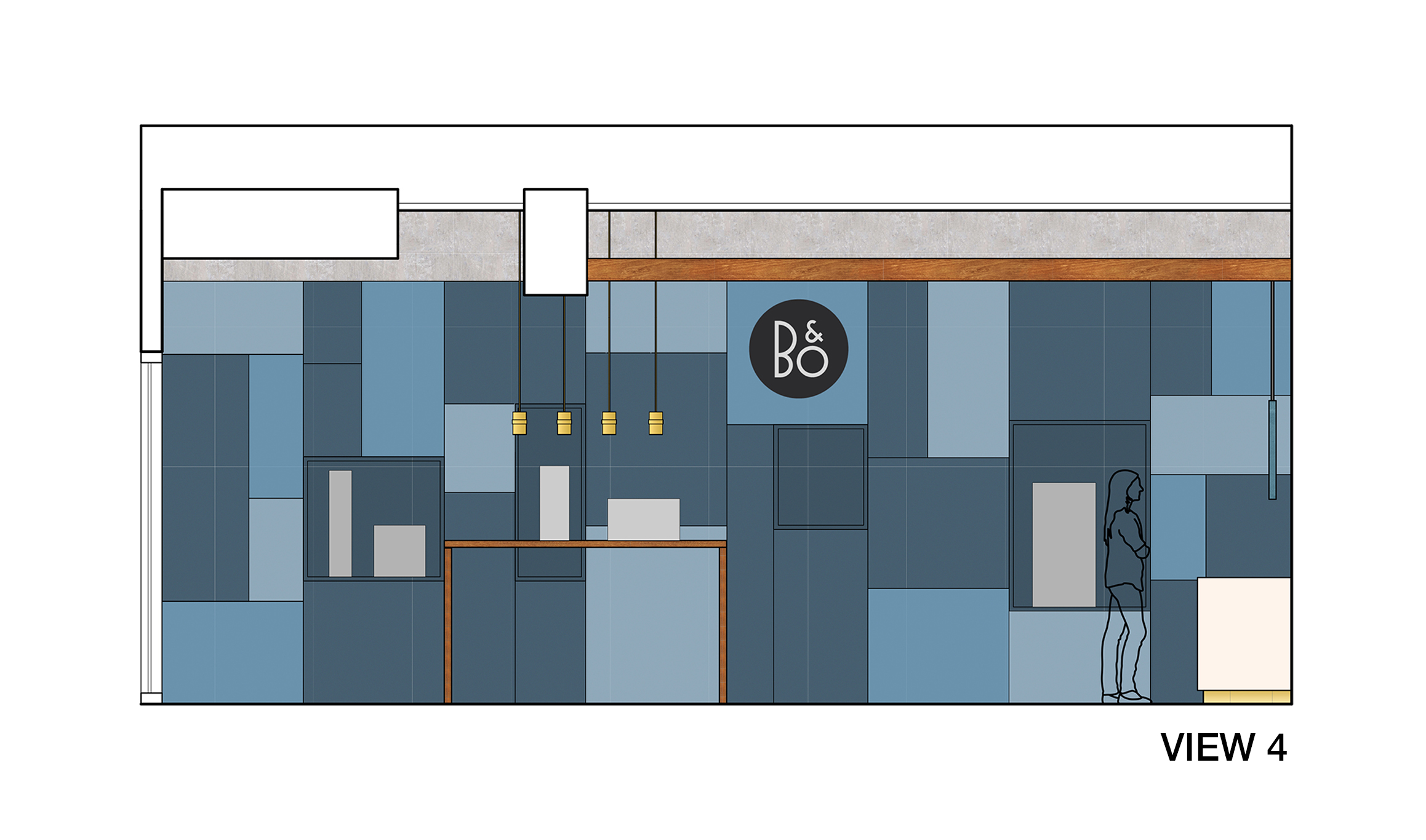 Brand wall elevation with B&O logo, blue-toned panels, timber accents, and integrated display niches.