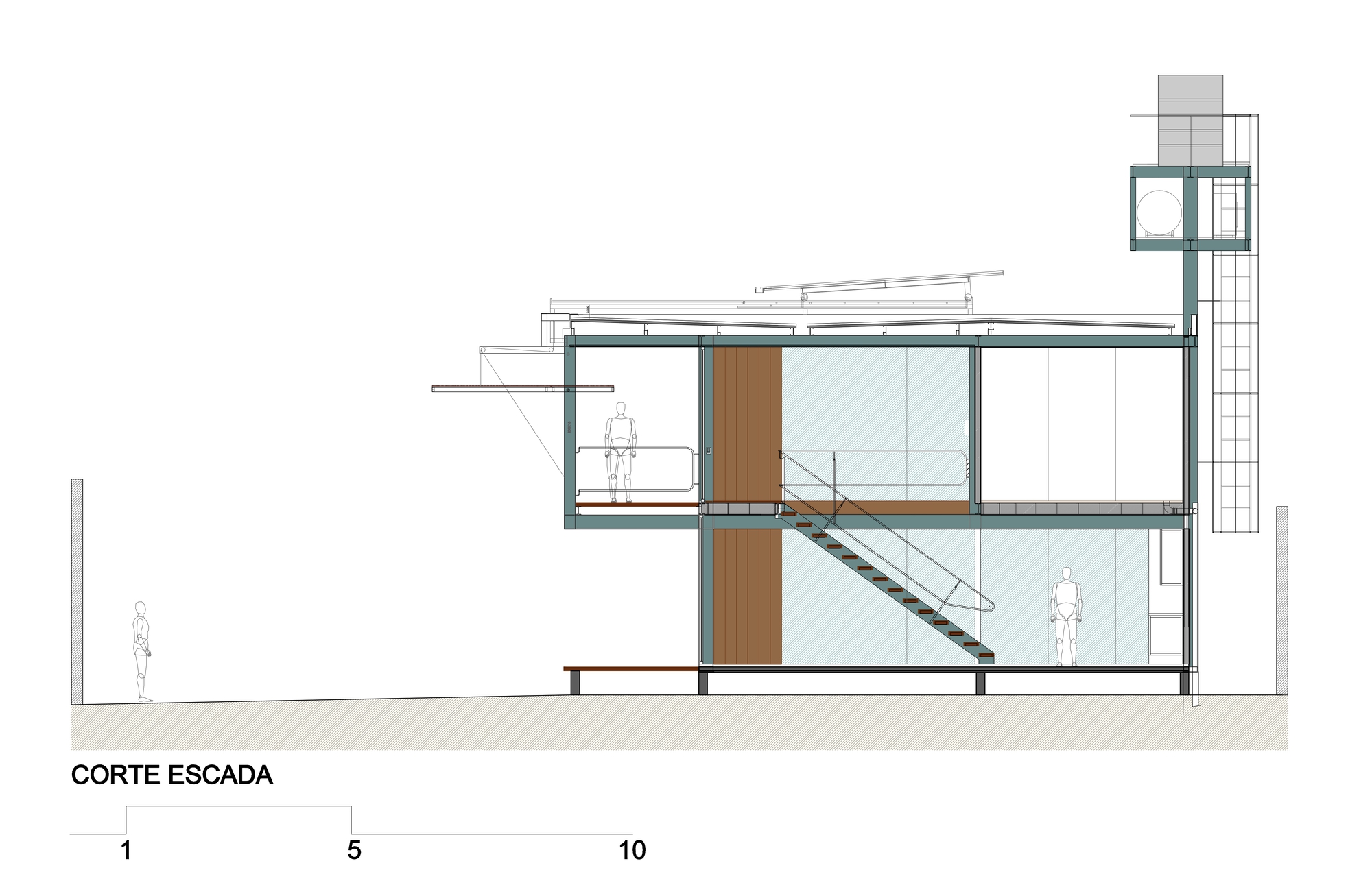 Section drawing of the two-storey steel frame house with an internal stair, timber panels, figures for scale and a water tower at the side