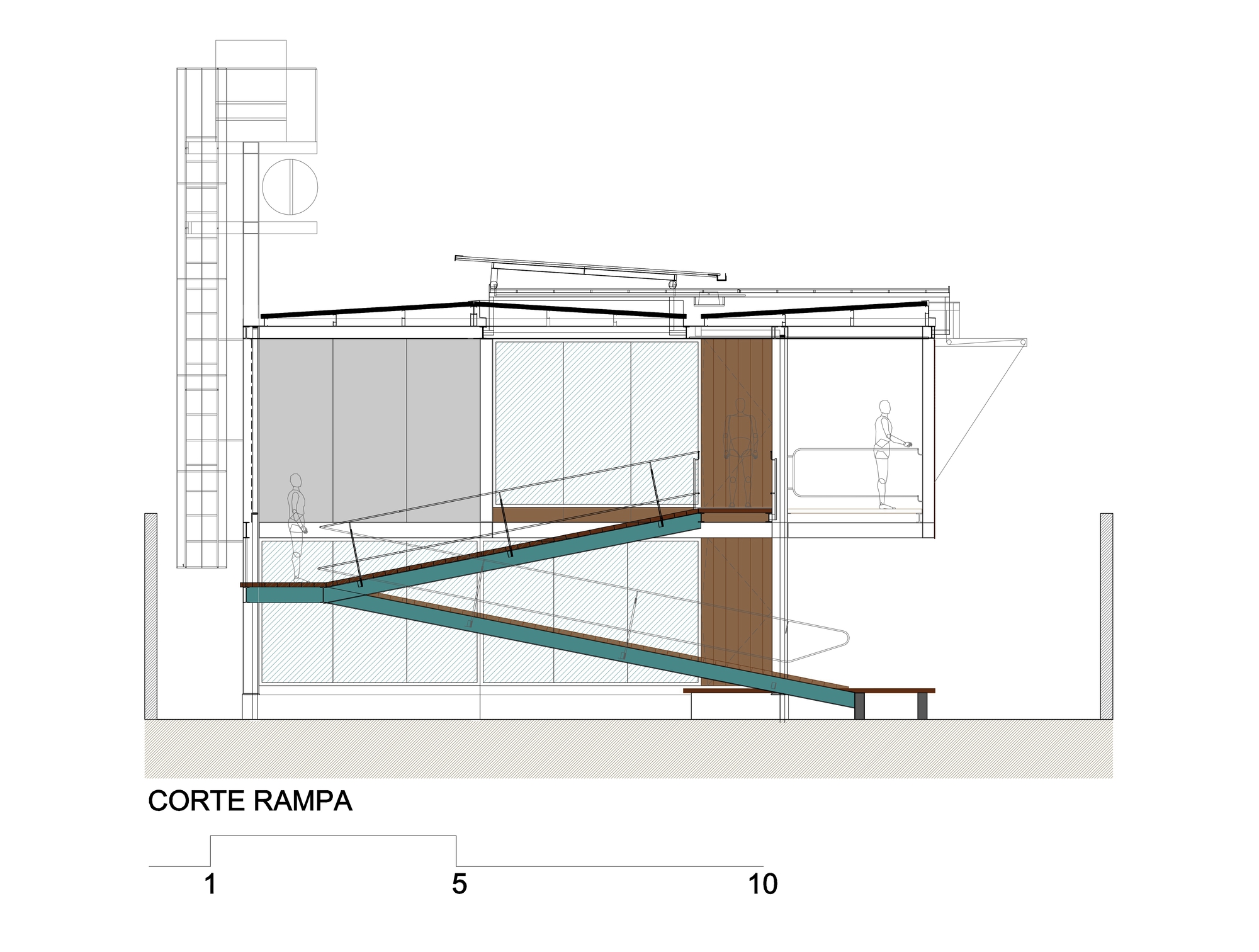 Section drawing through the ramp, showing a teal sloping ramp crossing two glazed floors beside a timber-clad core and a rooftop tower