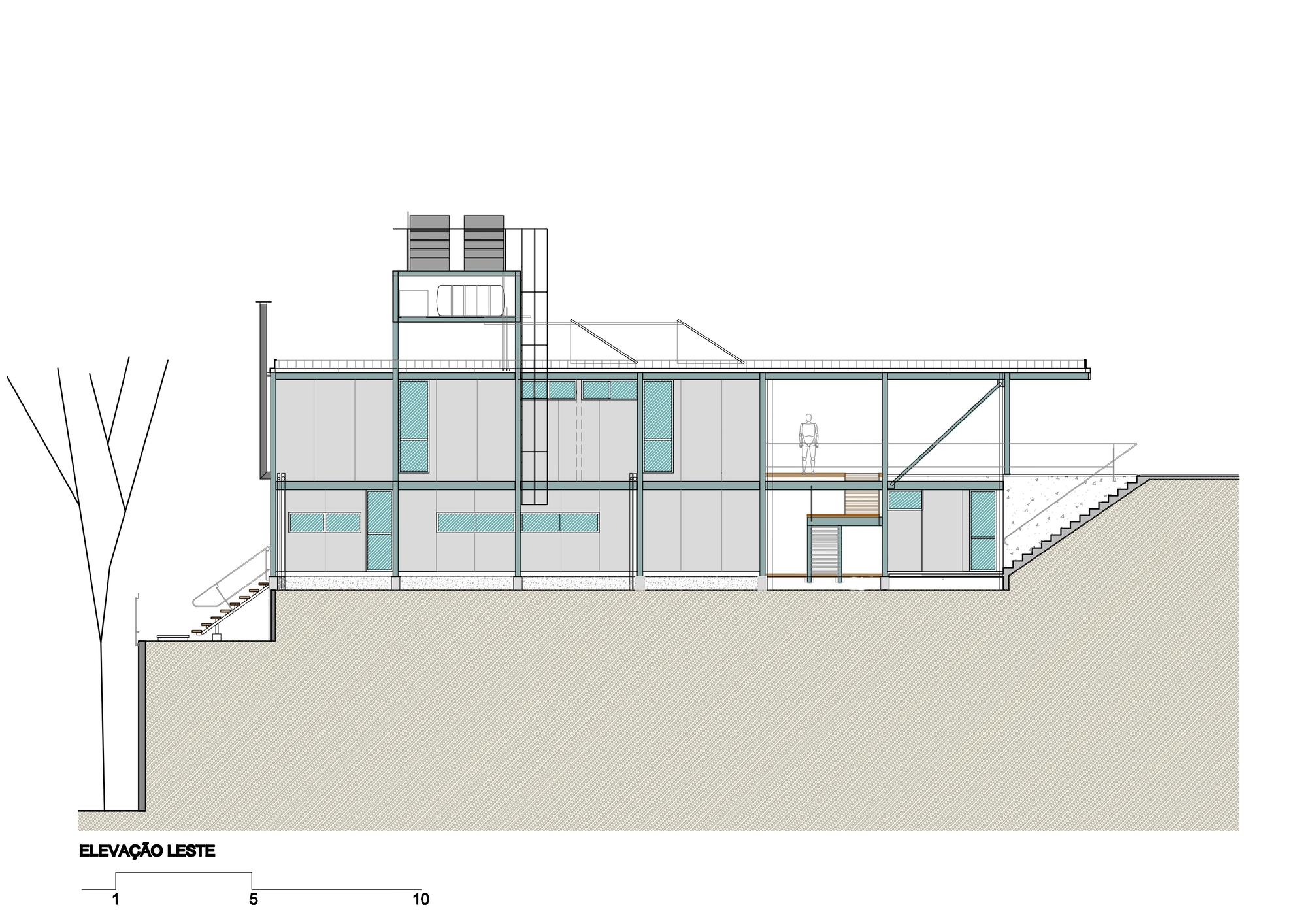 East elevation drawing of a two-storey steel-framed volume set into a sloping hillside, with a bare tree and exterior stair at left