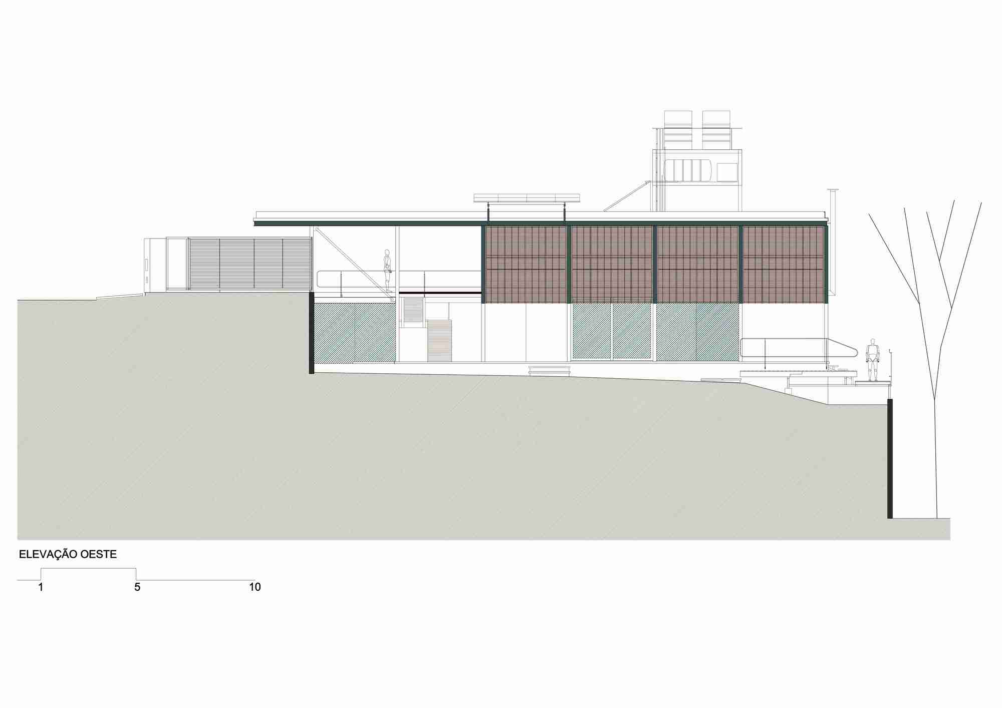 West elevation drawing showing a slatted timber screen across the upper floor and glazed lower level above a sloping ground line