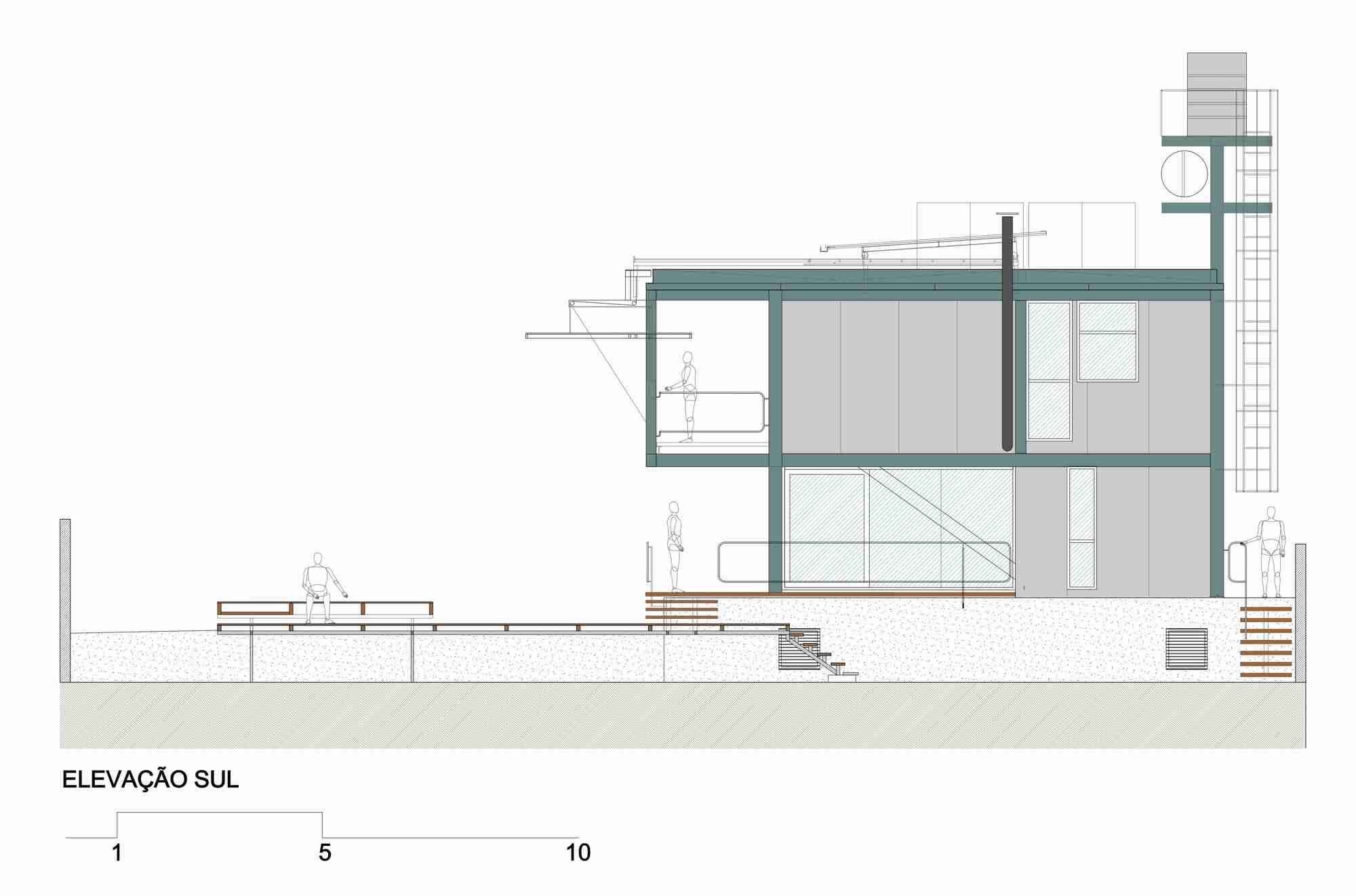 South elevation drawing of a two-storey steel frame with a roof tower, side stairs and a low timber deck with seated figures
