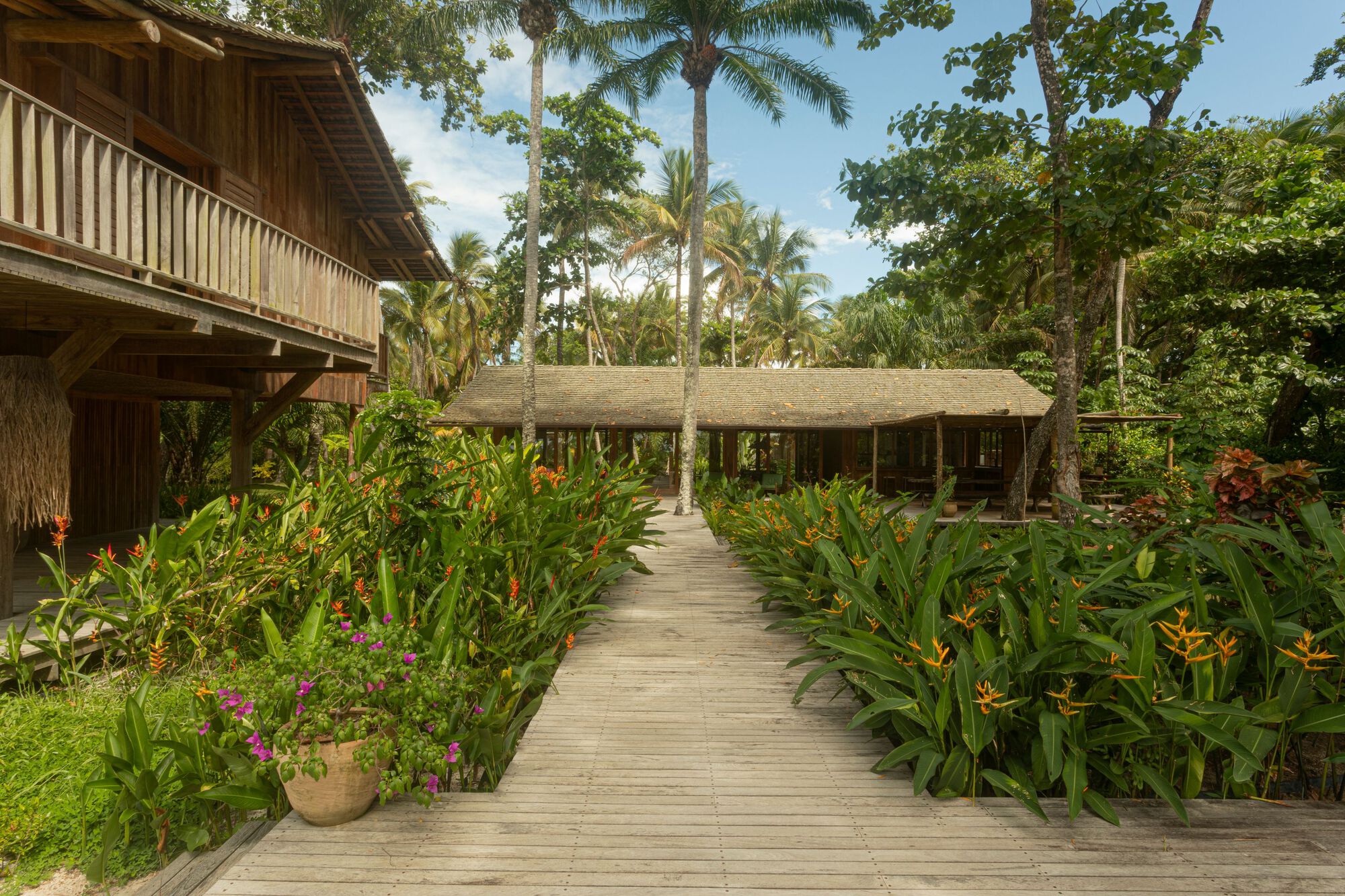 Weathered plank walkway leading between orange heliconia beds toward a low thatched-roof pavilion under tall palms
