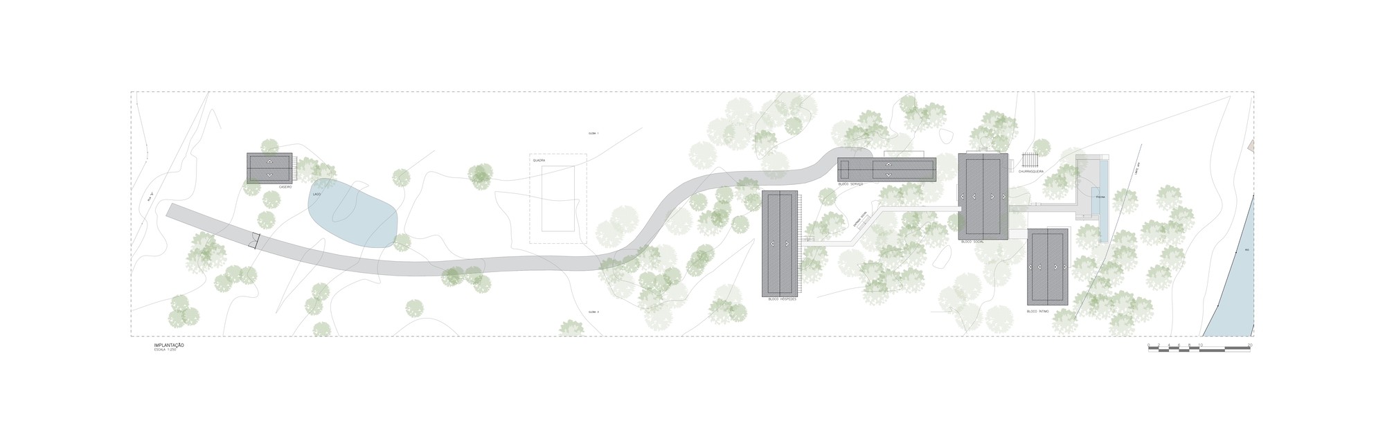 Site plan drawing showing a curving road linking a pond, tennis court and four roofed blocks among scattered trees beside a river