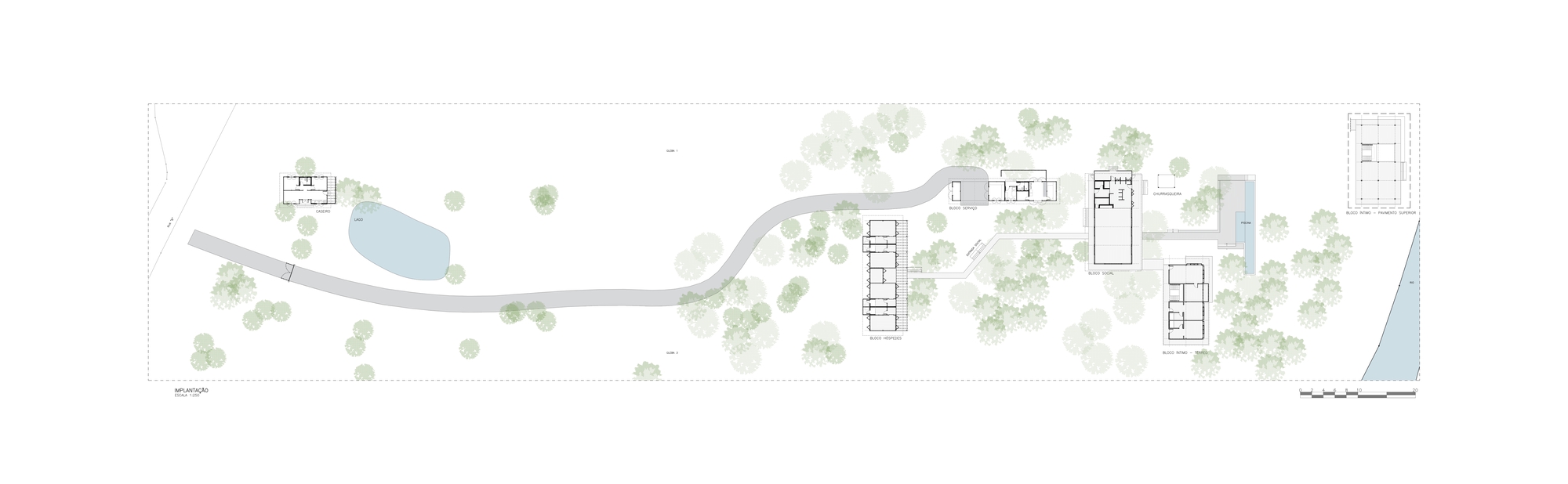 Site plan drawing with building floor plans laid over a curving road, pond, tree canopy and river edge