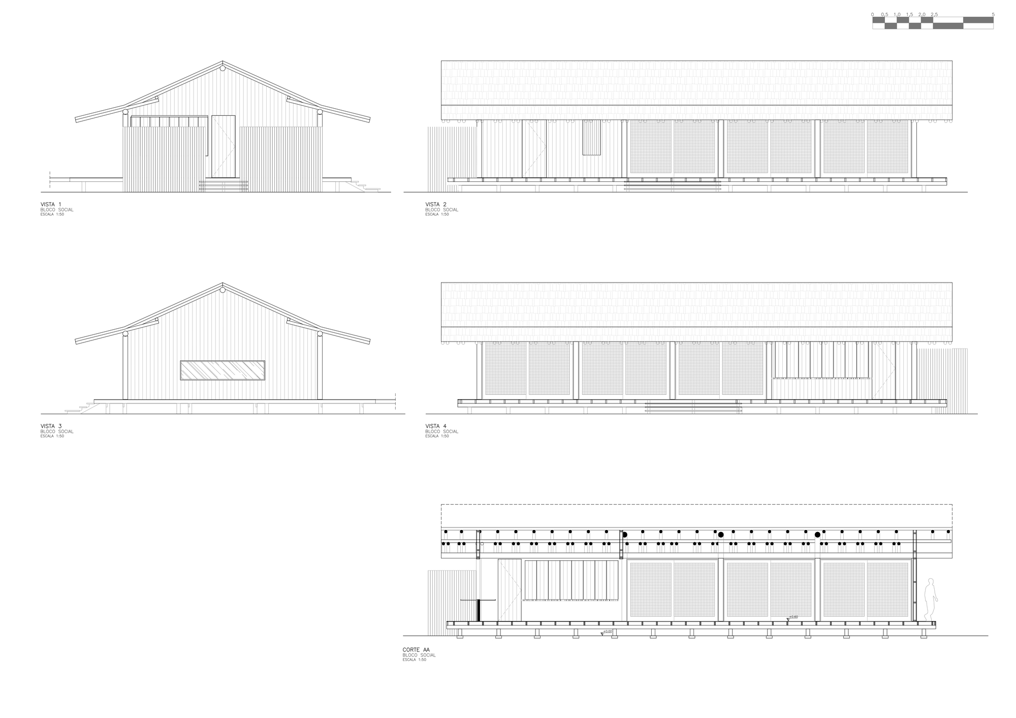 Elevation and section drawing set for a long gabled pavilion raised on piles, with glazed sliding panels and a deep roof