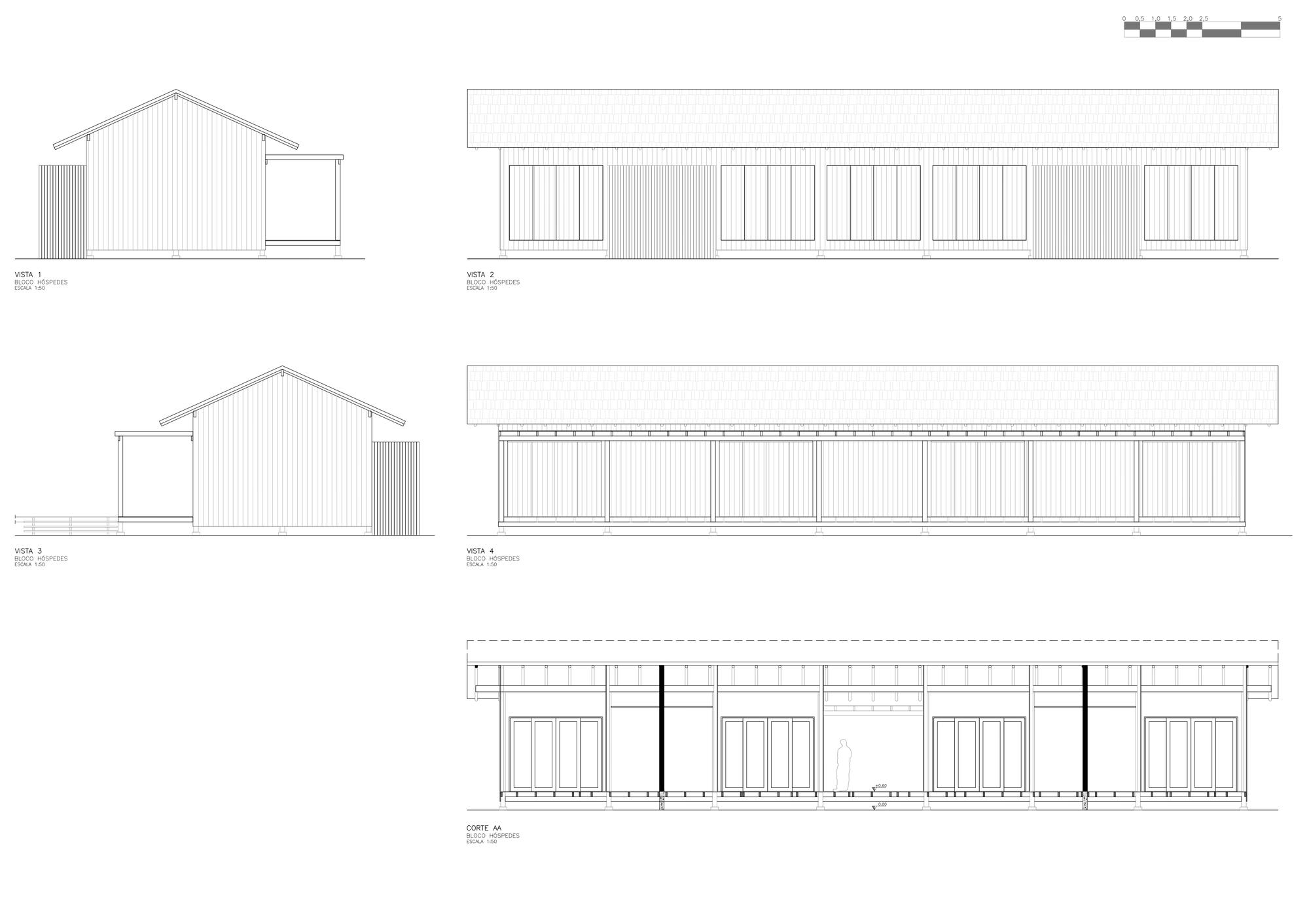 Elevation and section drawing set for a long guest block with gabled roof, timber-clad ends and repeated glazed door bays