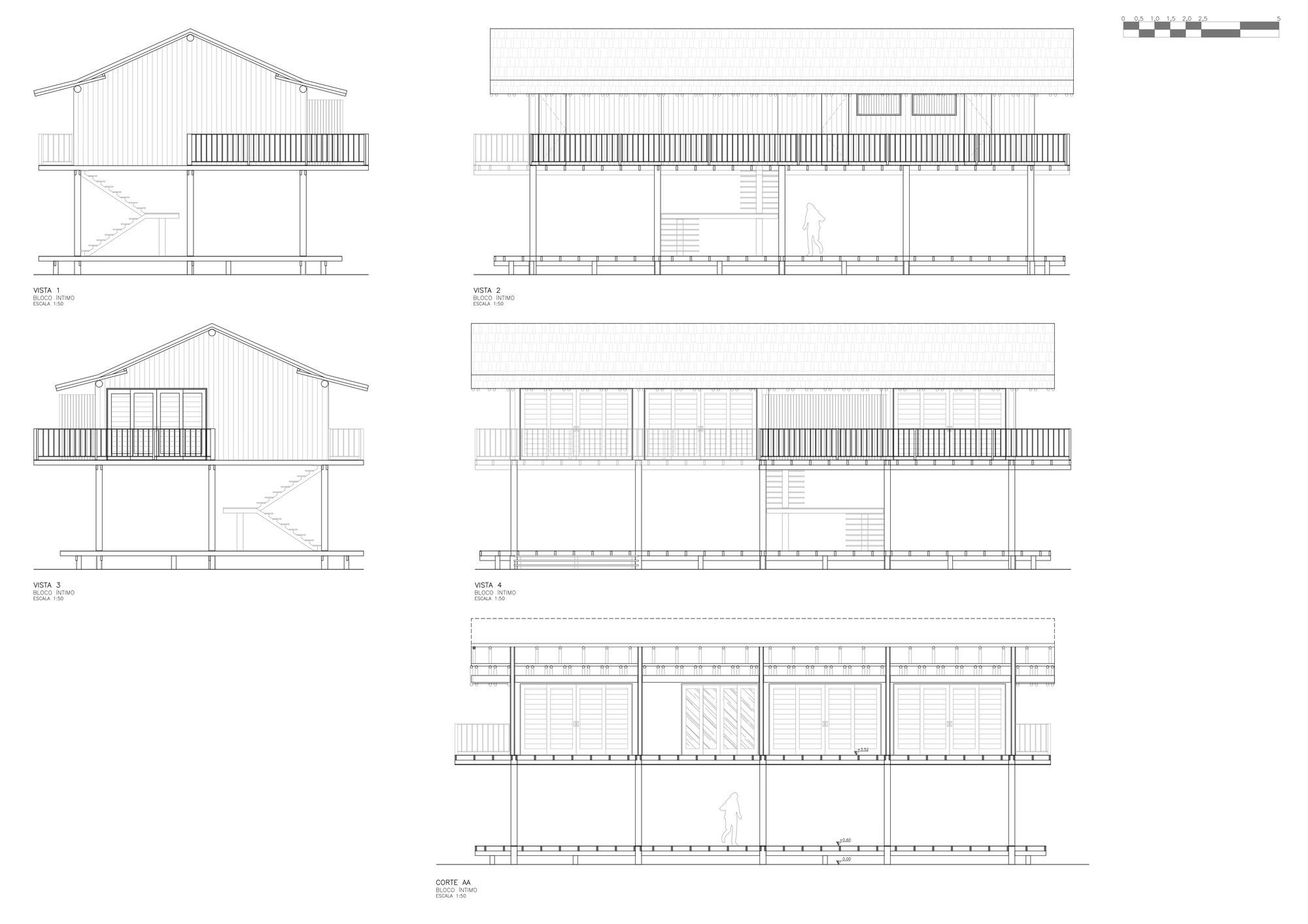 Elevation and section drawing set for a two-storey gabled block on stilts, with a wraparound balcony railing and an exterior stair