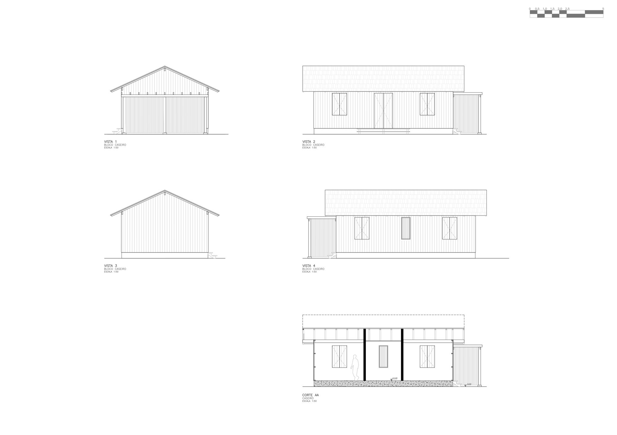 Elevation and section drawing set for a small gabled caretaker house with vertical cladding, framed windows and an attached side storage volume