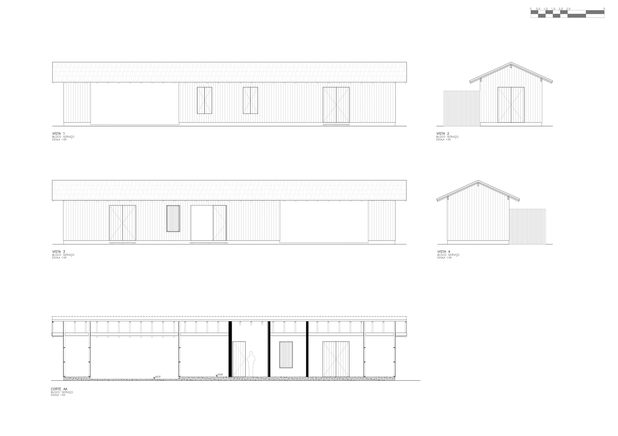 Elevation and section drawings of a long single-storey service block with gabled roof, vertical board cladding, paired doors and small windows