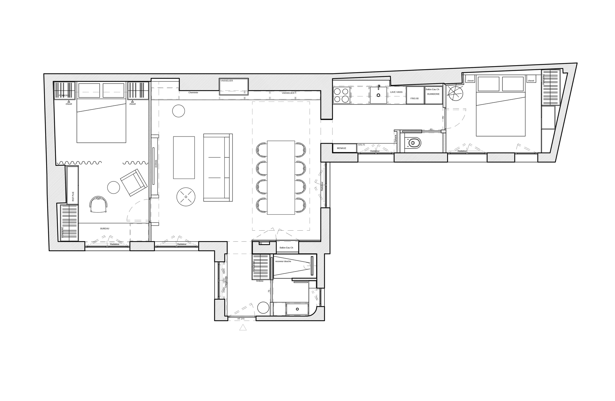Floor plan drawing of an apartment with a central living and dining area, a bedroom at each end and a narrow kitchen corridor