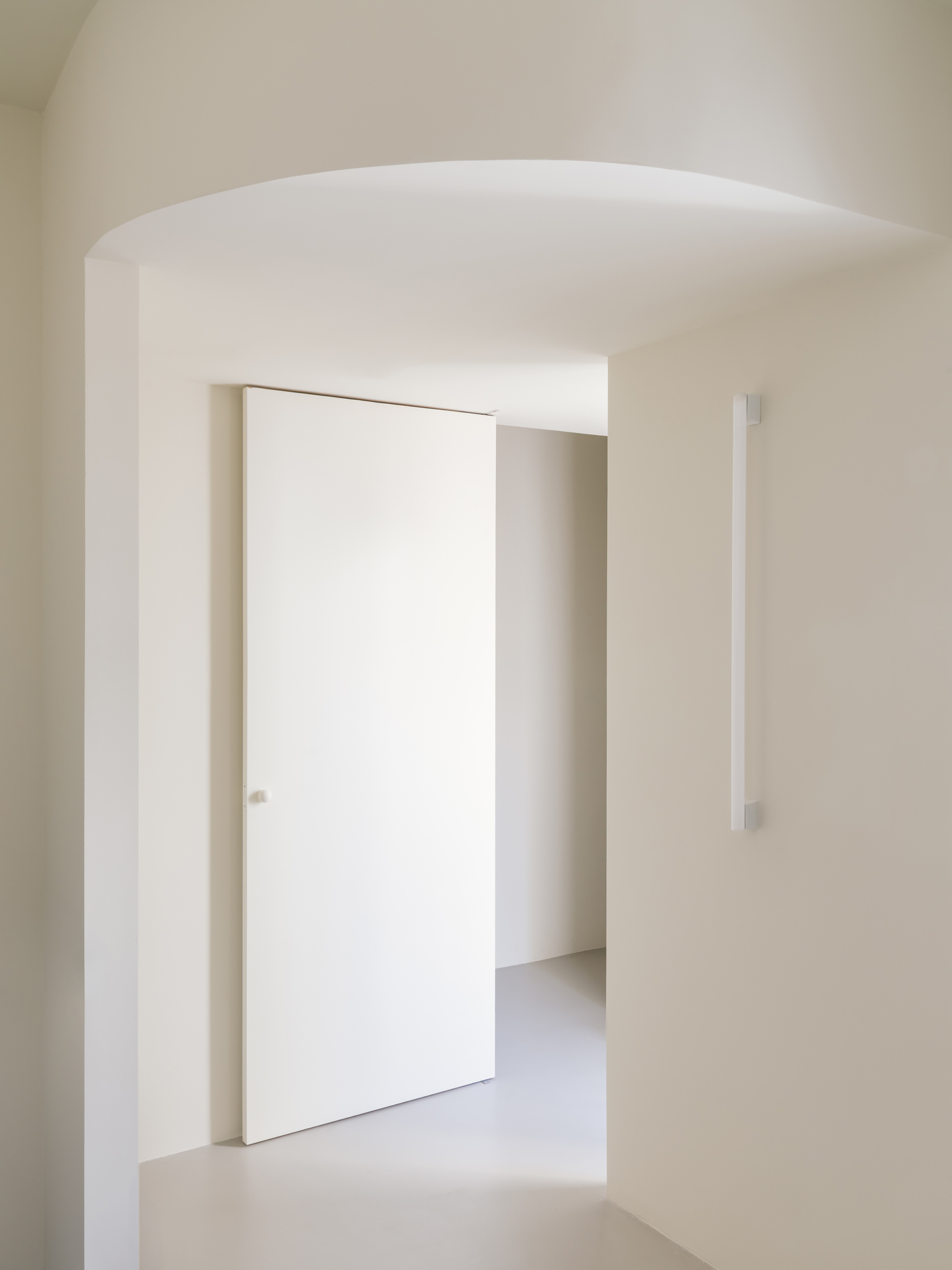 Curved archway opening onto a tall white pivot door and a slim vertical handle on the wall, in diffuse light