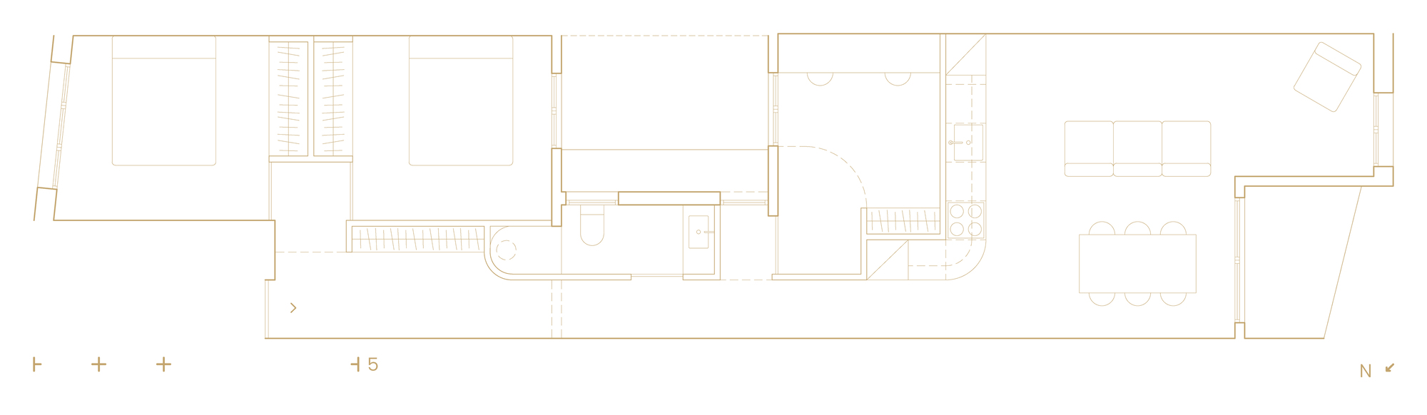 Floor plan drawing of a narrow apartment with two bedrooms, a bathroom, a kitchen and a living and dining area