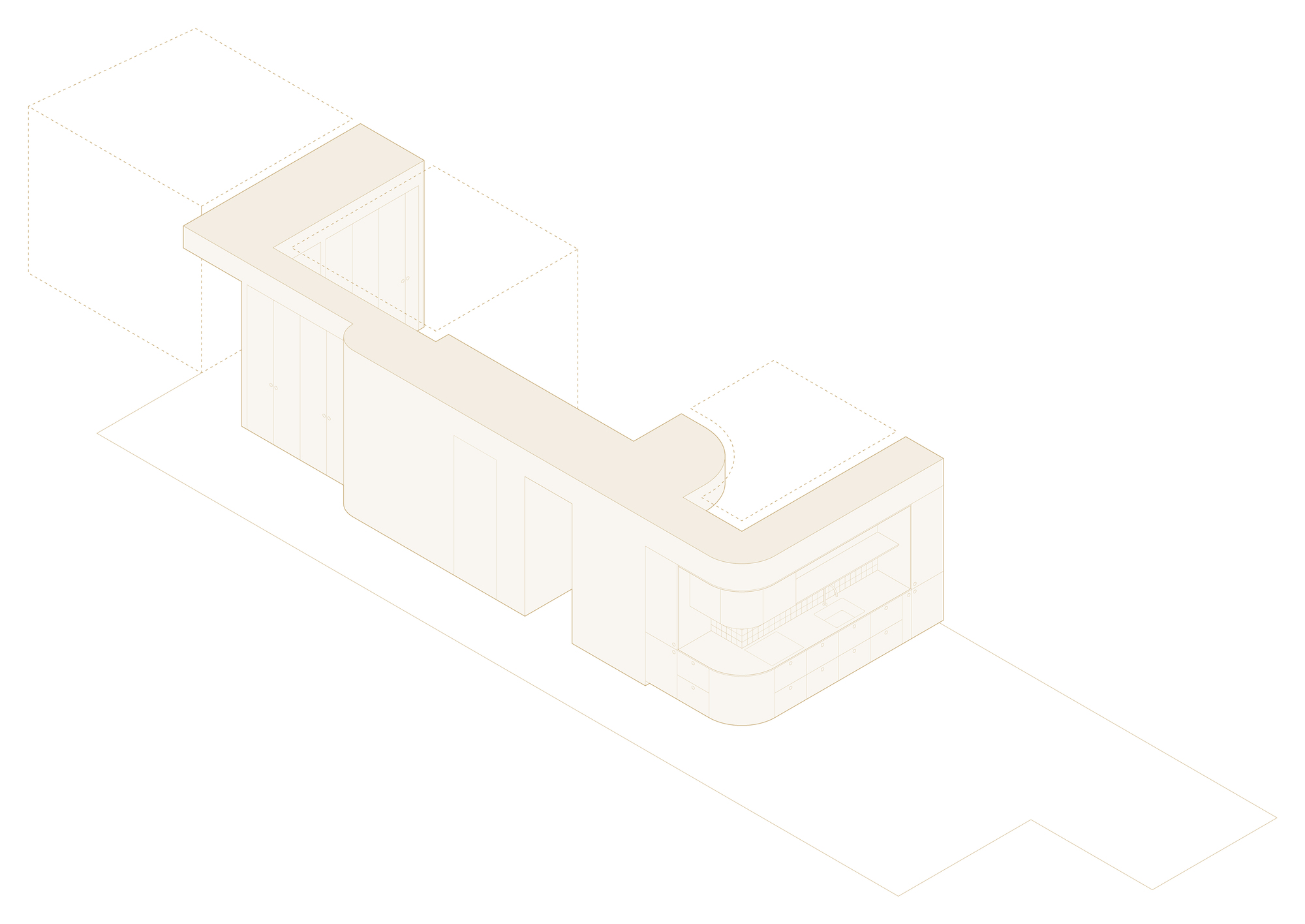 Axonometric drawing of an L-shaped built-in volume with rounded corners, outlined in dotted lines against the surrounding apartment footprint