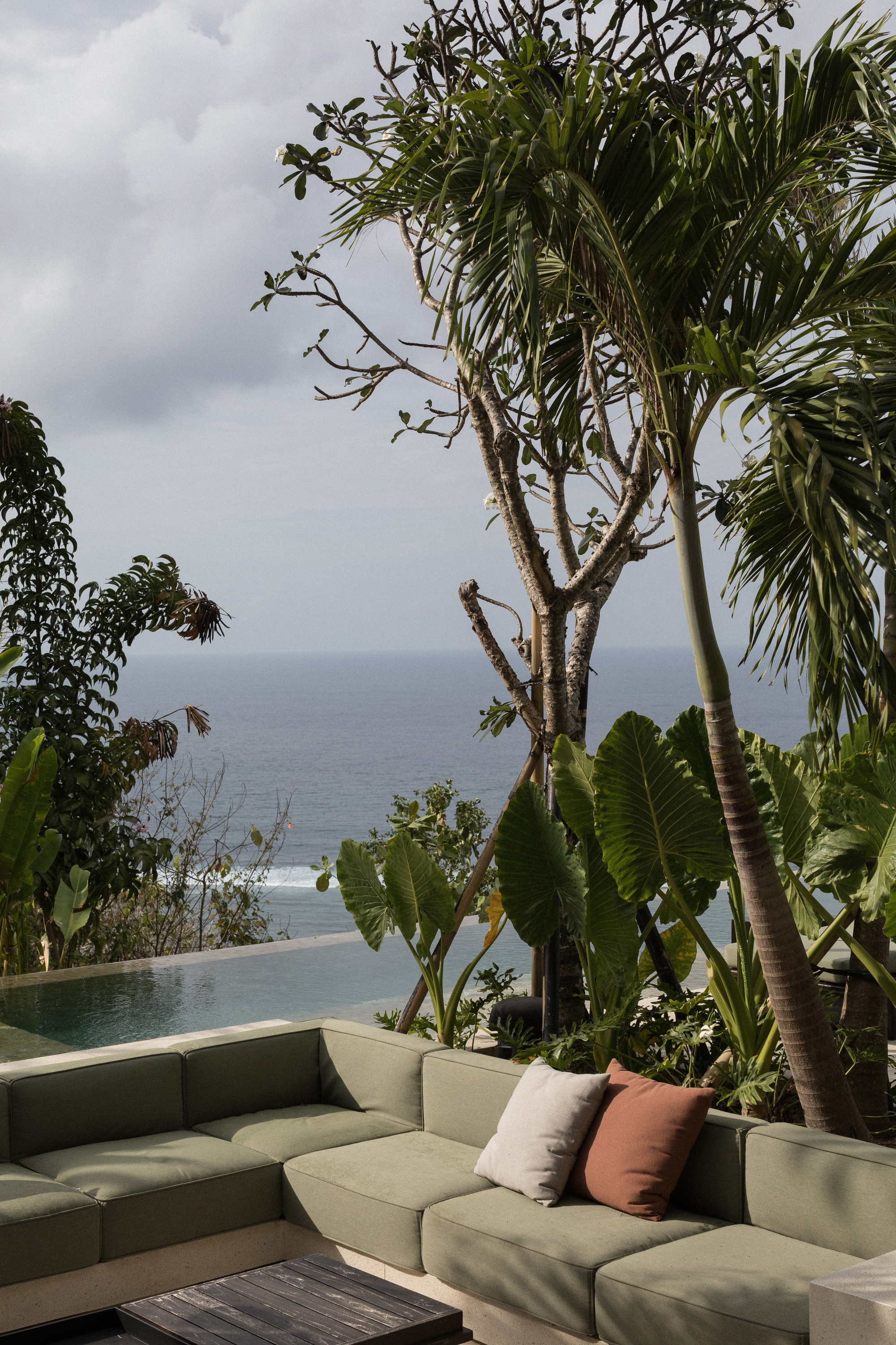 Green cushioned outdoor sofa with terracotta pillow beside an infinity pool, palms and frangipani against an ocean horizon