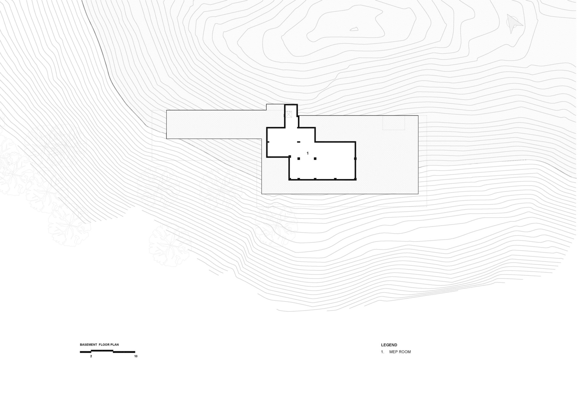 Basement floor plan drawing showing a single MEP room outlined in heavy line over a field of site contour lines